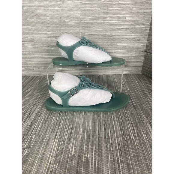 Coach Womens Trmulti Jelly T-Strap Sandals Green Buckle Flat Heel 5‎ B New - Picture 1 of 8